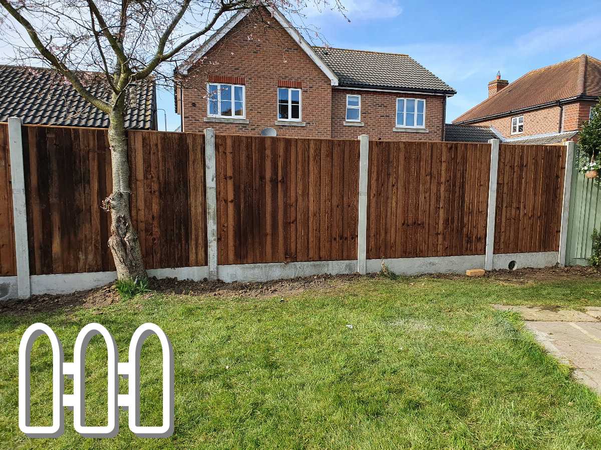 Newly installed wooden fence panels with concrete posts dividing residential garden spaces, featuring trimmed grass and a bare tree in the foreground.