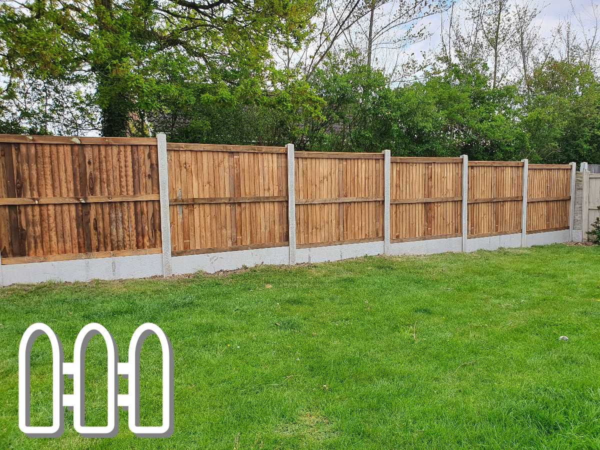 Newly installed wooden fence panels with concrete posts in a lush green garden